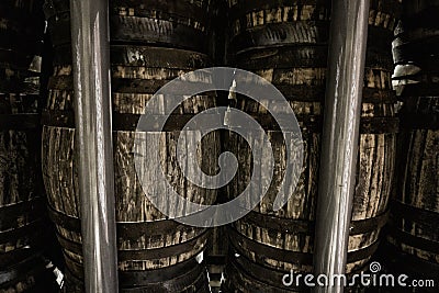 Old wooden barrels for whiskey or wine Stock Photo