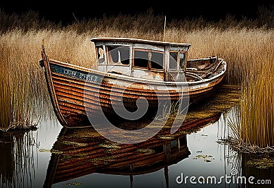 Old wooden boat stands in the reeds. AI Generated Stock Photo