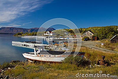 Old wooden boats and docks, historic gold rush village of Atlin Stock Photo