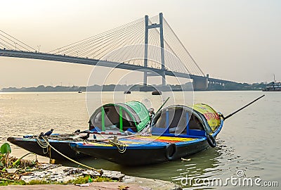 Old wooden boats at the lake bank in Hooghly River Kolkata , sunny day Stock Photo