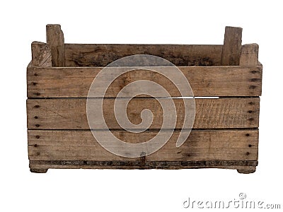 Old wooden box, crate, isolated on white. Front view, empty. Stock Photo