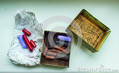 Old wooden box, old wooden box with colored chalks Stock Photo