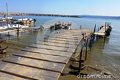 An old wooden bridge on the Black Sea seaside at Obzor, Bulgaria Editorial Stock Photo
