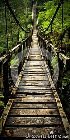 Old Wooden Bridge In Lush Wooded Environment Stock Photo