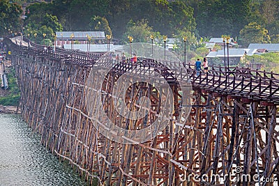 Old wooden bridge Mon in Sangkhla Buri, province Kanchanaburi, T Editorial Stock Photo