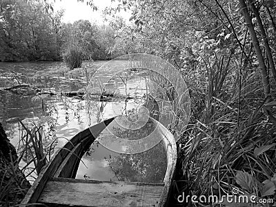 Old wooden broken boat for swimming on banks water in natural reeds Stock Photo