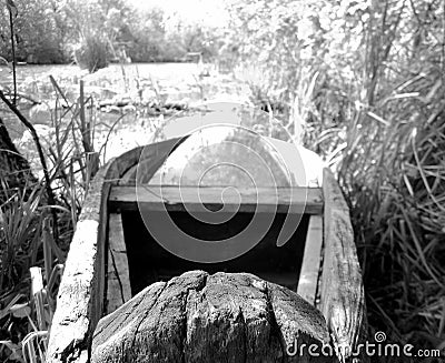 Old wooden broken boat for swimming on banks water in natural reeds Stock Photo