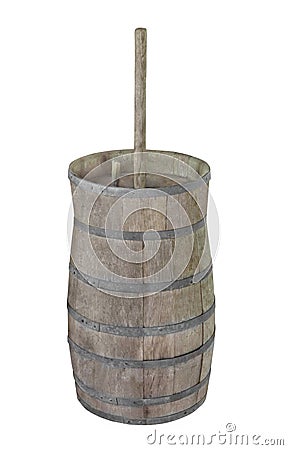 Old wooden butter churn isolated. Stock Photo
