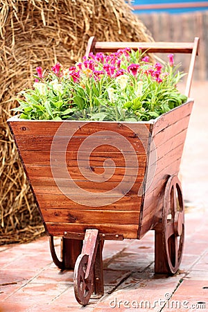 Old Wooden Cart planted flowers. Stock Photo