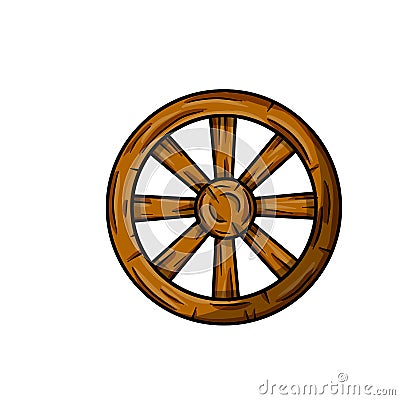 Old wooden cart wheels. Brown Detail of wagon with cracks. A village vehicle in wild West Vector Illustration