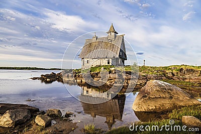Old wooden Church built for the filming of `The Island` in the White sea, Rabocheostrovsk, Karelia Stock Photo