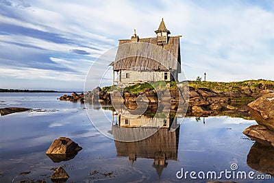 Old wooden Church built for the filming of `The Island` in the White sea, Rabocheostrovsk, Karelia, Stock Photo