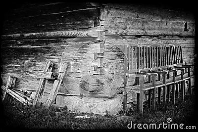 Old wooden church, chairs and crosses Stock Photo