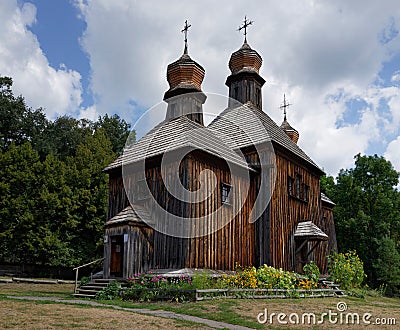 Old wooden Church in Pirogovo, Kiev, Ukraine Stock Photo