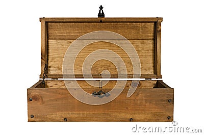 Old wooden coffer open isolated Stock Photo