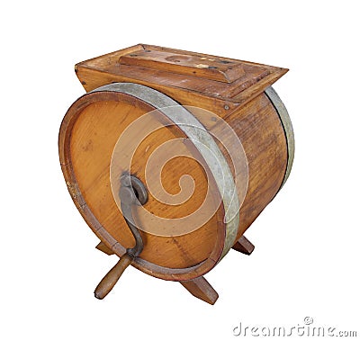 Old wooden crank butter churn isolated Stock Photo