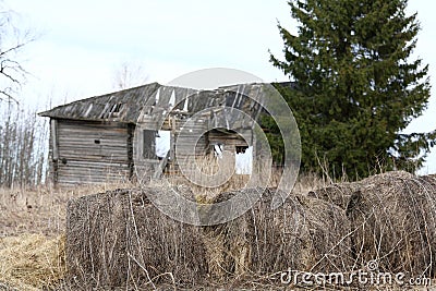 Old wooden destroyed house Stock Photo