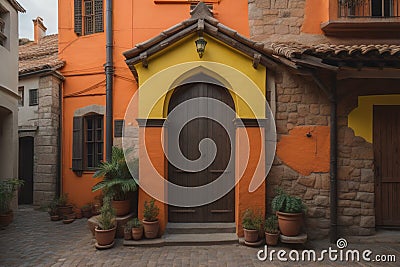 Old wooden door in front of an orange wall with cactus pots. generative ai Stock Photo