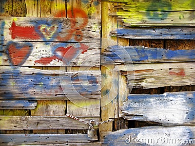 Old wooden door love grafitti Stock Photo