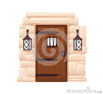 Old wooden door of medieval prison cell, jail. Ancient doorway, entrance with metal bars, lanterns. Dungeon, basement Vector Illustration