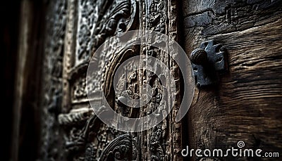 Old wooden door with rusty lock and ornate brass handle generated by AI Stock Photo