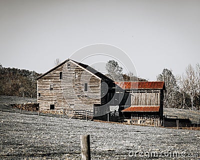 Old wooden farmhouse in a peaceful rural landscape, surrounded by fields of crops Stock Photo