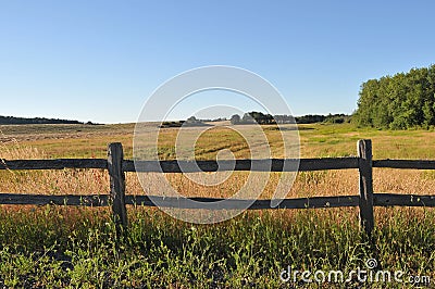 Old wooden fence in a rural field Stock Photo