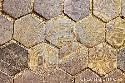 Old wooden floor with hexagonal shaped tiles Stock Photo