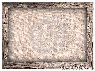 Old wooden frame with burlap background Stock Photo