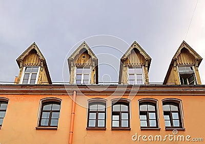 Old wooden garrets in old town of Riga, Latvia Stock Photo