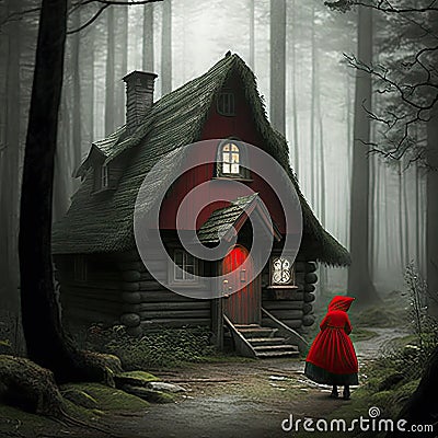 Old wooden house in a dark forest with a red cloak and hood Stock Photo