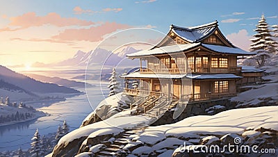 Old wooden house with elements of traditional Japanese architecture on a hillside on a winter sunset. Stock Photo