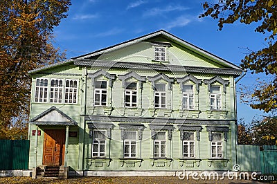 Old wooden house end of the 19th century with traditional carved details in the historical center of Tver city Editorial Stock Photo