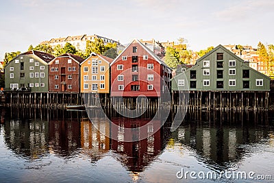 Old wooden houses in the city of Trondheim/bakklandet in norway. Editorial Stock Photo