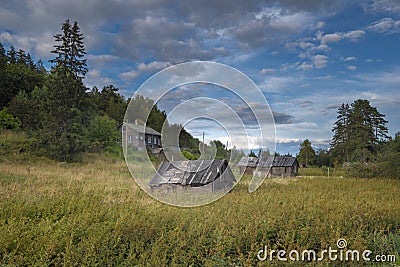 wooden houses in a village in northern Russia near the forest in summer Stock Photo