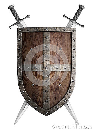 Old wooden medieval crusader shield and two Stock Photo