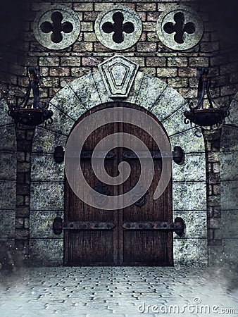 Old medieval door with fire burners Stock Photo