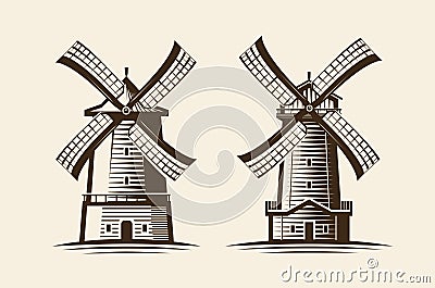 Old wooden mill. Windmill, agriculture, farming logo or icon. Vintage vector illustration Vector Illustration