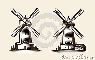 Old wooden mill, windmill logo or label. Agriculture, farming, agribusiness icon. Vintage vector illustration Vector Illustration