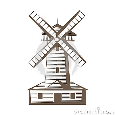 Old wooden mill, windmill logo or label. Farming concept carving hand drawn style icon. Vector illustration Vector Illustration