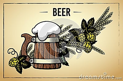 Old wooden mug of beer with foam, hop branches and ears of barley or wheat. Hand drawn set of elements on white Stock Photo