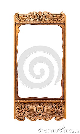 Old wooden photo frame with abstract Russian ornament Stock Photo
