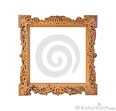 Old wooden photo frame with abstract Russian ornament Stock Photo