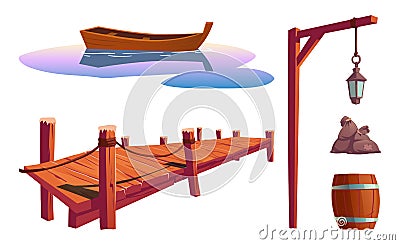 Old wooden pier for fishing, boat and lantern Vector Illustration