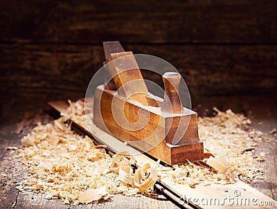 Old wooden plane in a workshop Stock Photo
