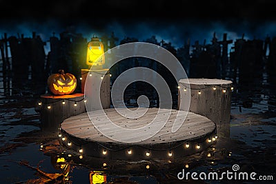 Old wooden Podium decorating for Halloween nightmare. Stock Photo