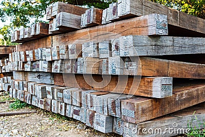 Old wooden railroad sleeper. Stock Photo