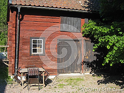 Old wooden red barn. Linkoping. Sweden Stock Photo