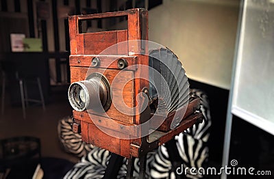 old Wooden retro camera. old-fashioned photo camera Stock Photo