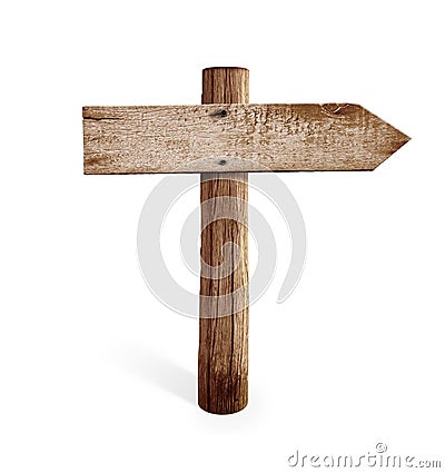 Old wooden right arrow road sign isolated Stock Photo